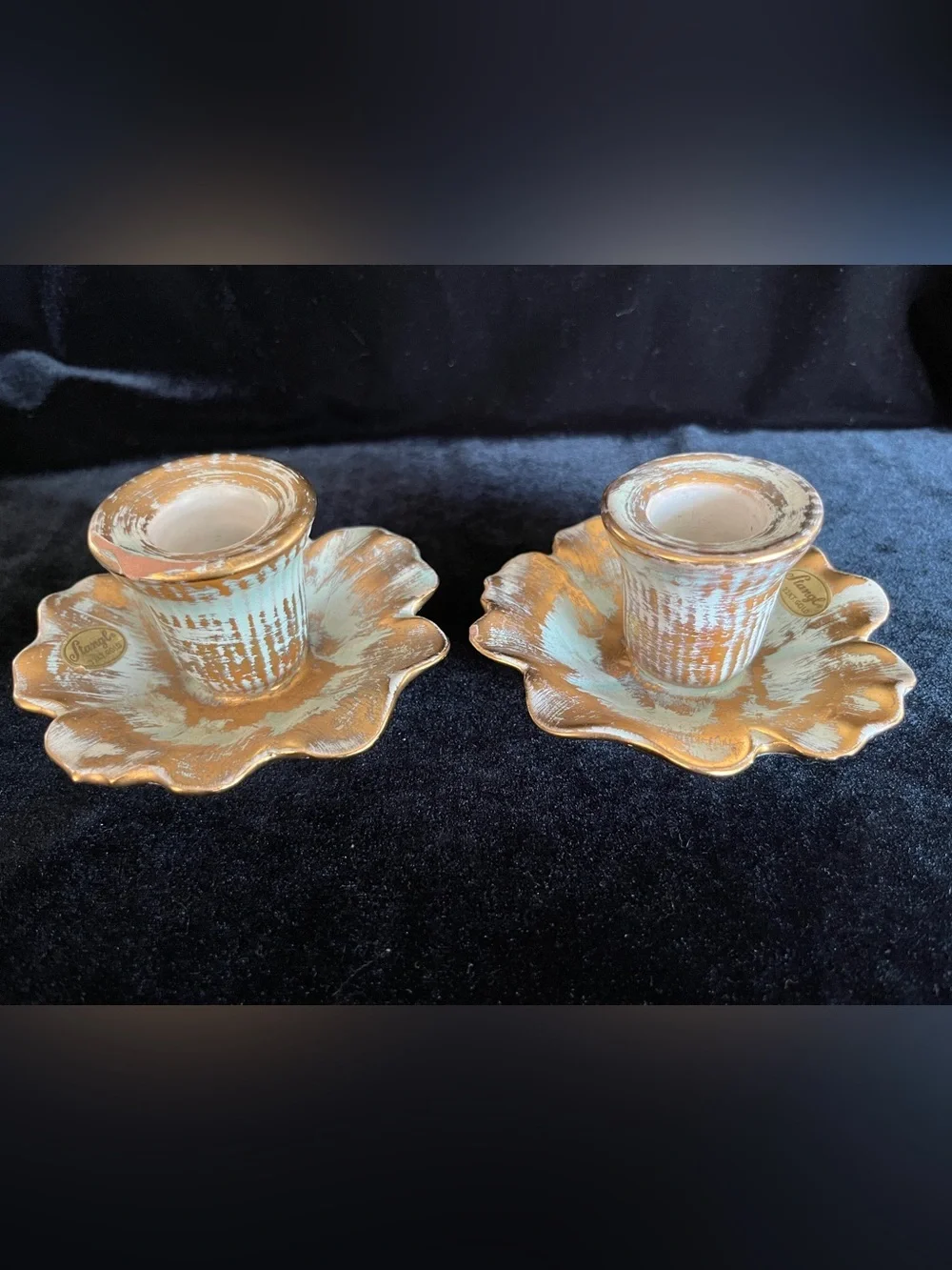 2 Vintage MCM Stangl PAIR Aqua Green  & 23k Gold Candlesticks, 5138 Pottery READ